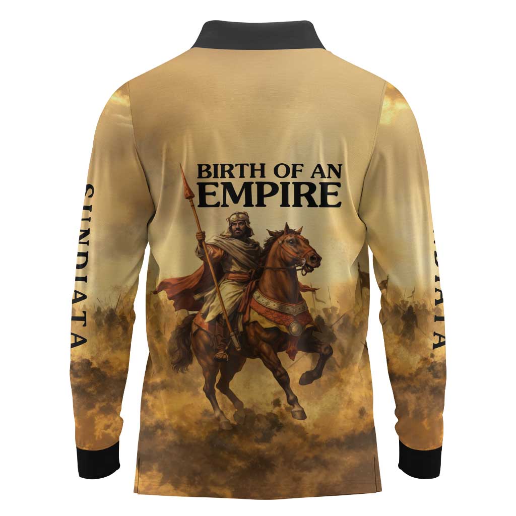 Sundiata Keita Long Sleeve Polo Shirt with Kirina 1235 Battle Map, Horseback Warrior and Birth of an Empire Design - African Pride