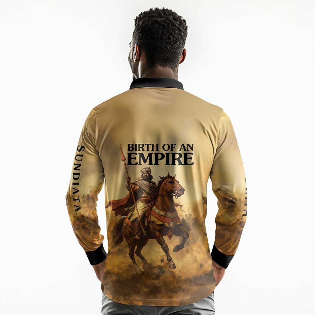 Sundiata Keita Long Sleeve Polo Shirt with Kirina 1235 Battle Map, Horseback Warrior and Birth of an Empire Design - African Pride