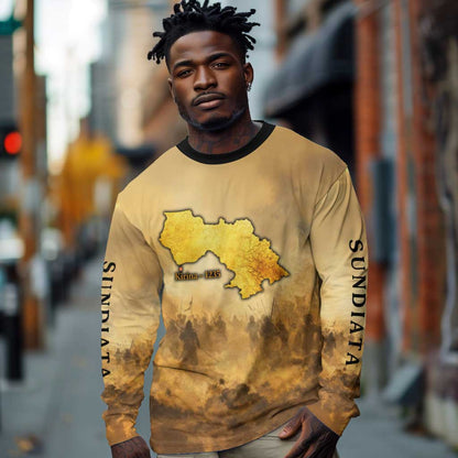 Sundiata Keita Long Sleeve Shirt with Kirina 1235 Battle Map, Horseback Warrior and Birth of an Empire Design - African Pride
