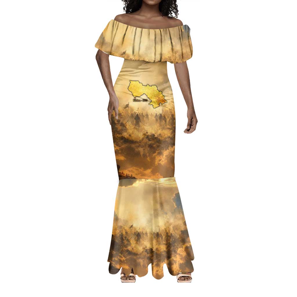 Sundiata Keita Mermaid Dress with Kirina 1235 Battle Map, Horseback Warrior and Birth of an Empire Design - African Pride