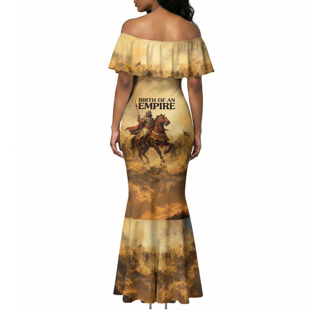 Sundiata Keita Mermaid Dress with Kirina 1235 Battle Map, Horseback Warrior and Birth of an Empire Design - African Pride