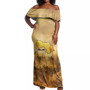 Sundiata Keita Off Shoulder Maxi Dress with Kirina 1235 Battle Map, Horseback Warrior and Birth of an Empire Design - African Pride