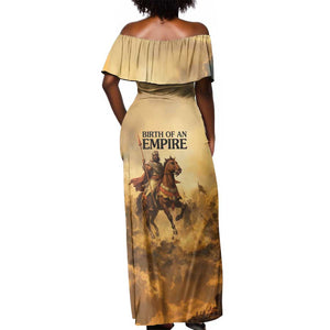 Sundiata Keita Off Shoulder Maxi Dress with Kirina 1235 Battle Map, Horseback Warrior and Birth of an Empire Design - African Pride