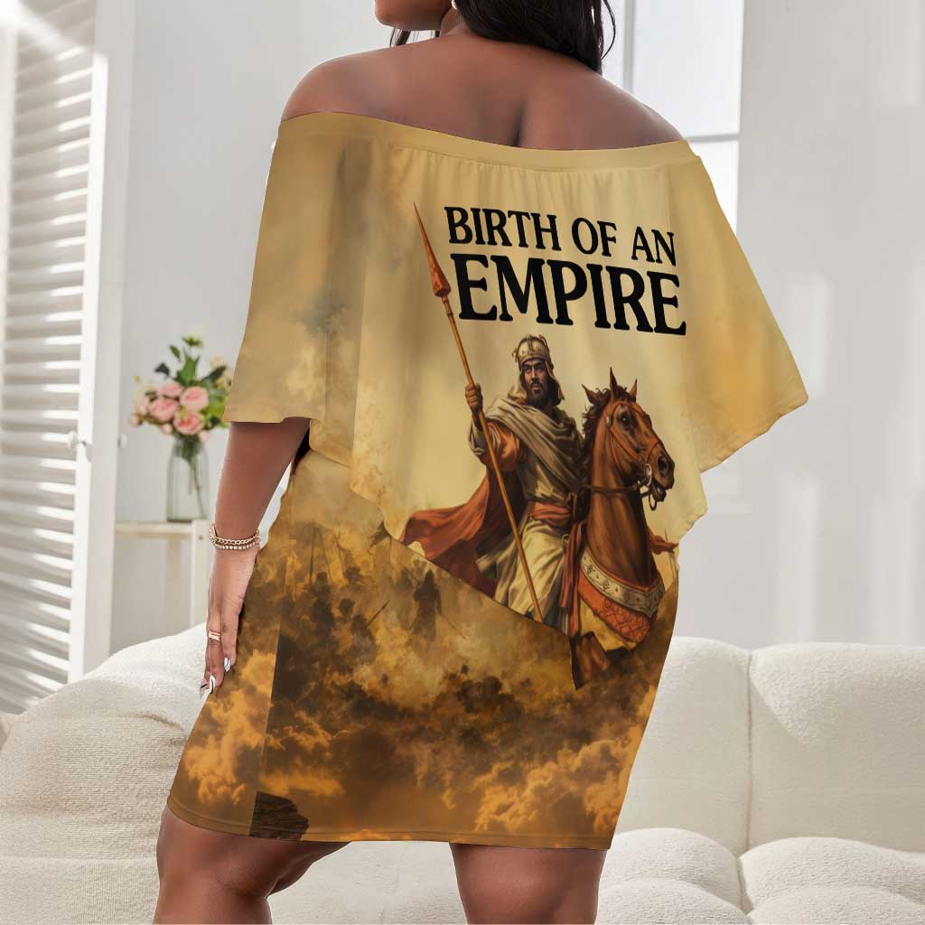 Sundiata Keita Off Shoulder Short Dress with Kirina 1235 Battle Map, Horseback Warrior and Birth of an Empire Design - African Pride