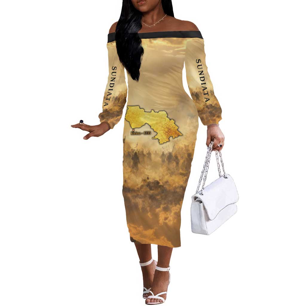 Sundiata Keita Off The Shoulder Long Sleeve Dress with Kirina 1235 Battle Map, Horseback Warrior and Birth of an Empire Design - African Pride