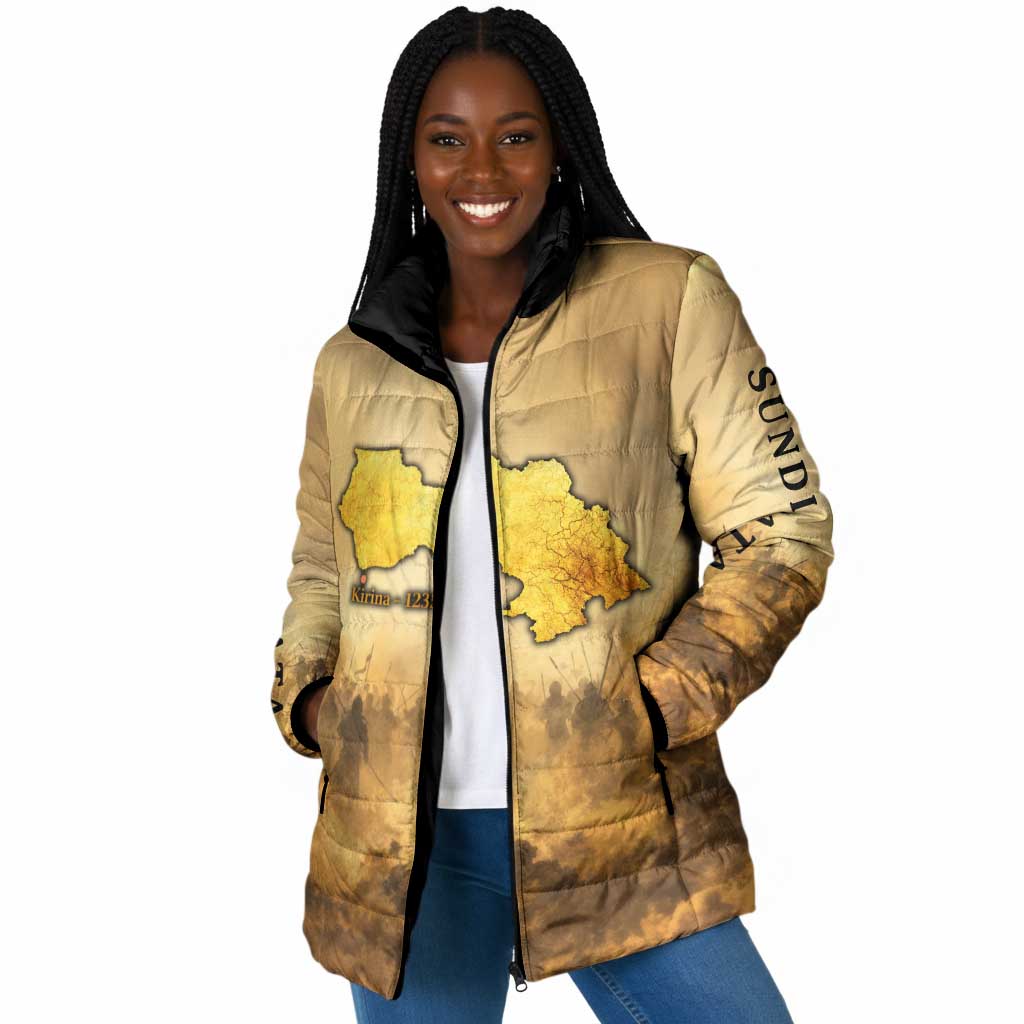 Sundiata Keita Padded Jacket with Kirina 1235 Battle Map, Horseback Warrior and Birth of an Empire Design - African Pride