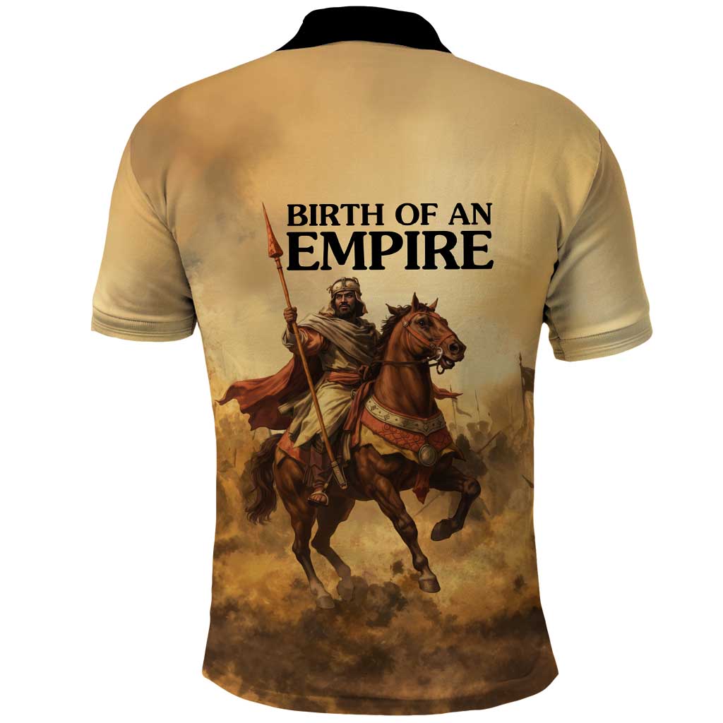 Sundiata Keita Polo Shirt with Kirina 1235 Battle Map, Horseback Warrior and Birth of an Empire Design - African Pride