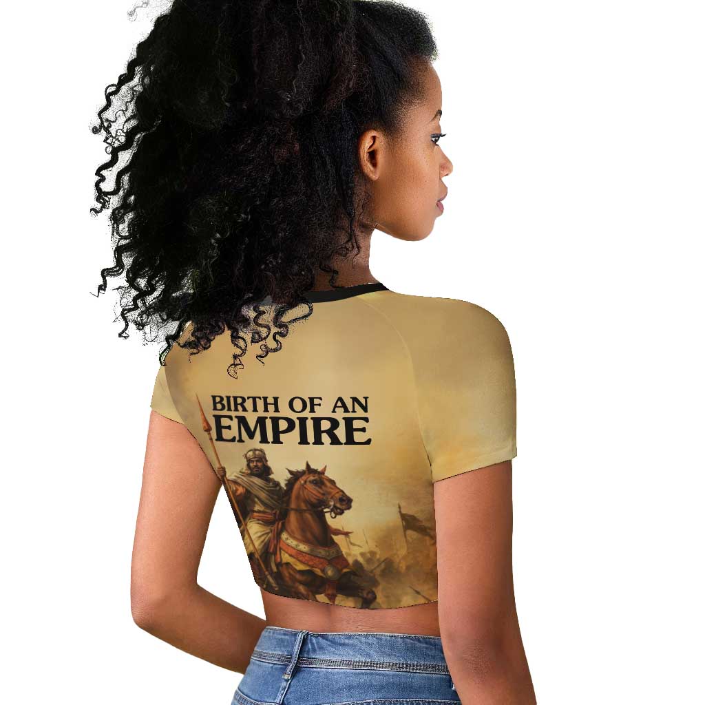 Sundiata Keita Raglan Cropped T shirt with Kirina 1235 Battle Map, Horseback Warrior and Birth of an Empire Design - African Pride