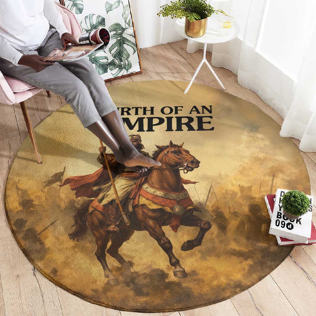 Sundiata Keita Round Carpet with Kirina 1235 Battle Map, Horseback Warrior and Birth of an Empire Design - African Pride