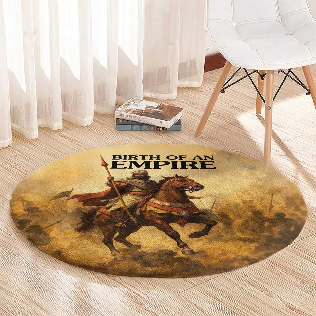 Sundiata Keita Round Carpet with Kirina 1235 Battle Map, Horseback Warrior and Birth of an Empire Design - African Pride