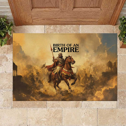Sundiata Keita Rubber Doormat with Kirina 1235 Battle Map, Horseback Warrior and Birth of an Empire Design - African Pride
