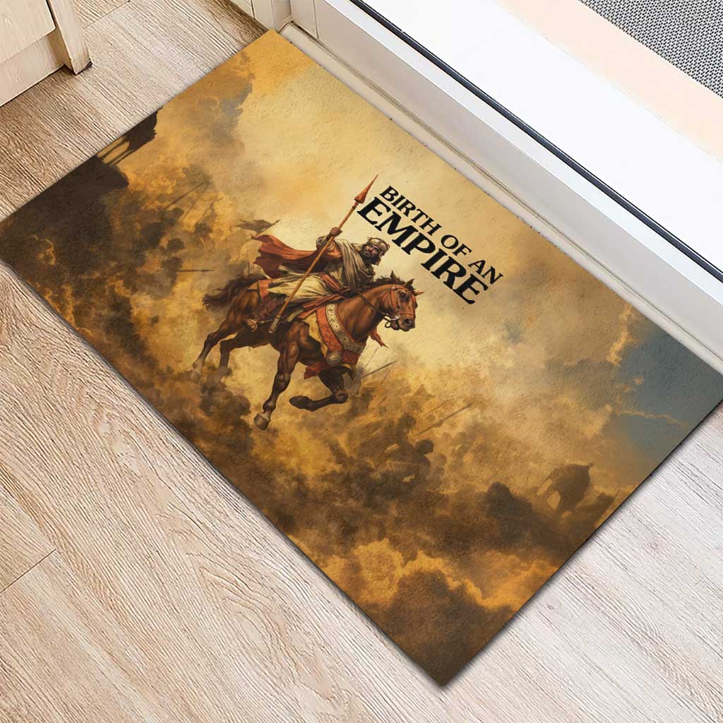 Sundiata Keita Rubber Doormat with Kirina 1235 Battle Map, Horseback Warrior and Birth of an Empire Design - African Pride
