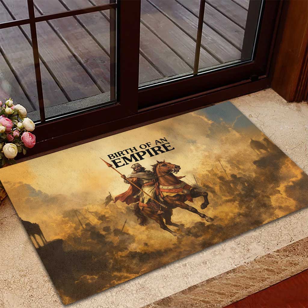 Sundiata Keita Rubber Doormat with Kirina 1235 Battle Map, Horseback Warrior and Birth of an Empire Design - African Pride