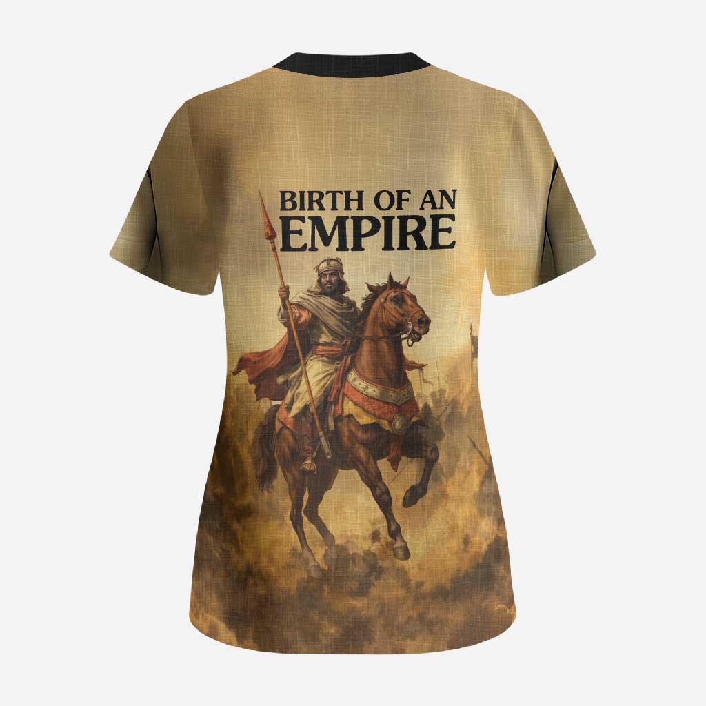 Sundiata Keita Scrub Top with Kirina 1235 Battle Map, Horseback Warrior and Birth of an Empire Design - African Pride