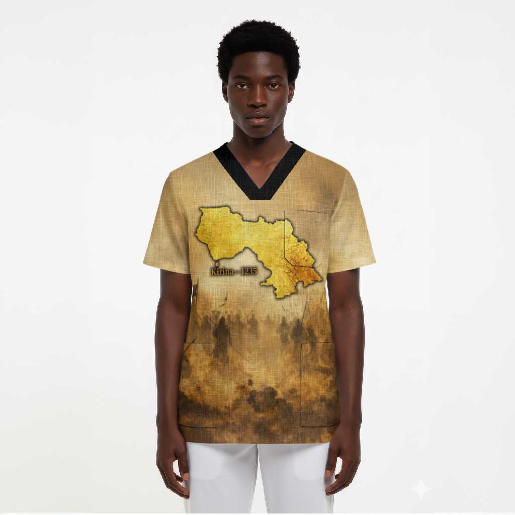 Sundiata Keita Scrub Top with Kirina 1235 Battle Map, Horseback Warrior and Birth of an Empire Design - African Pride