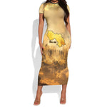 Sundiata Keita Short Sleeve Bodycon Dress with Kirina 1235 Battle Map, Horseback Warrior and Birth of an Empire Design - African Pride