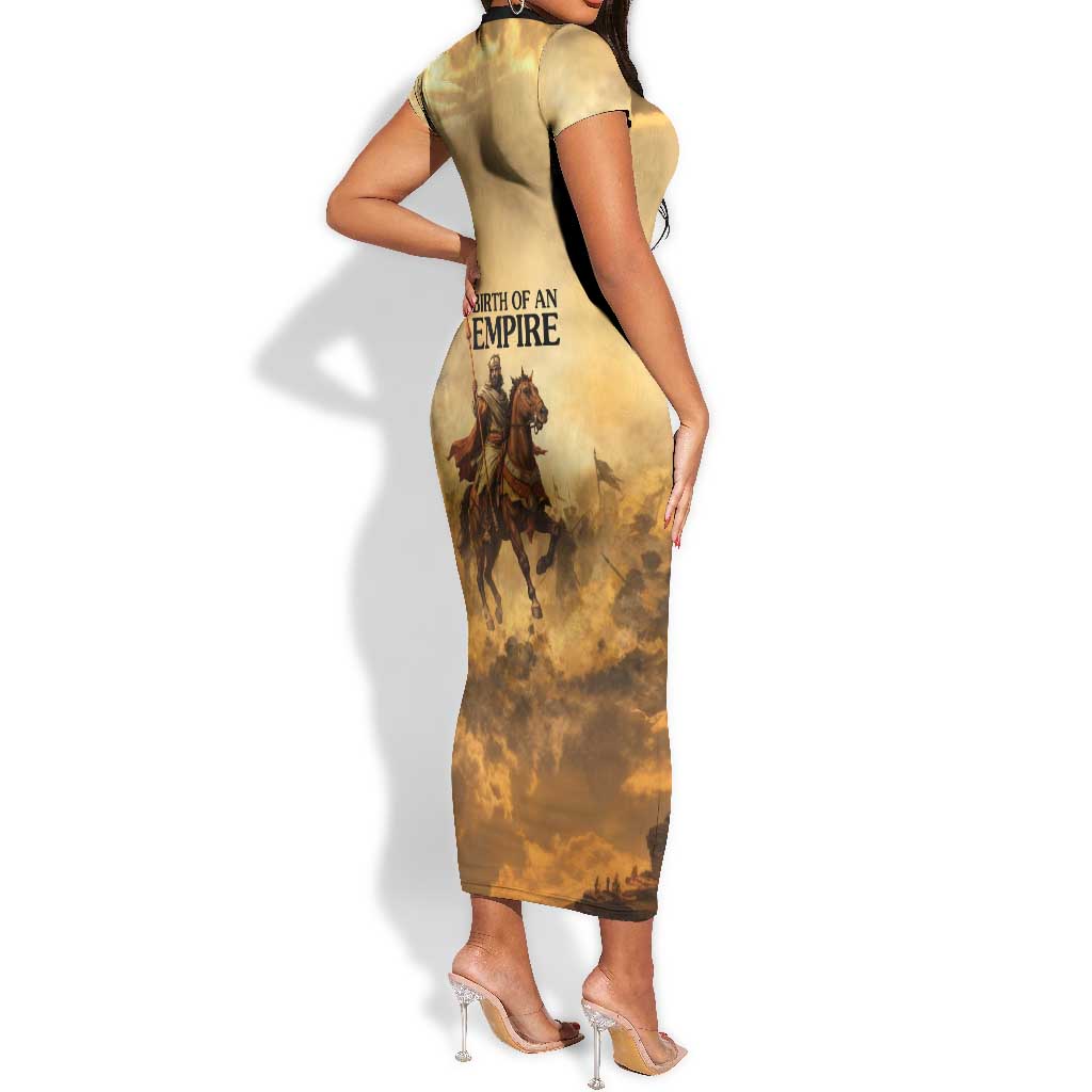 Sundiata Keita Short Sleeve Bodycon Dress with Kirina 1235 Battle Map, Horseback Warrior and Birth of an Empire Design - African Pride