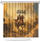 Sundiata Keita Shower Curtain with Kirina 1235 Battle Map, Horseback Warrior and Birth of an Empire Design - African Pride