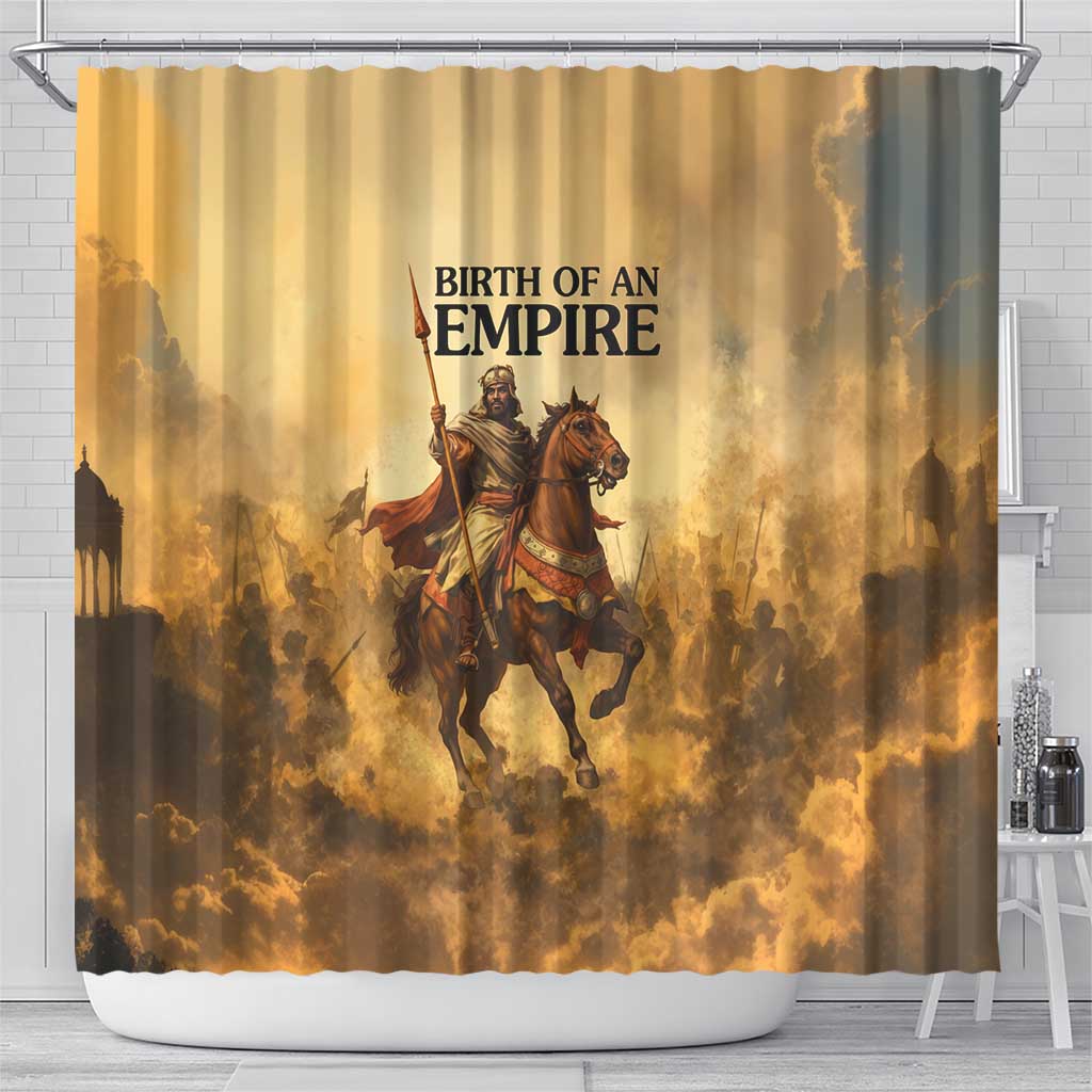Sundiata Keita Shower Curtain with Kirina 1235 Battle Map, Horseback Warrior and Birth of an Empire Design - African Pride