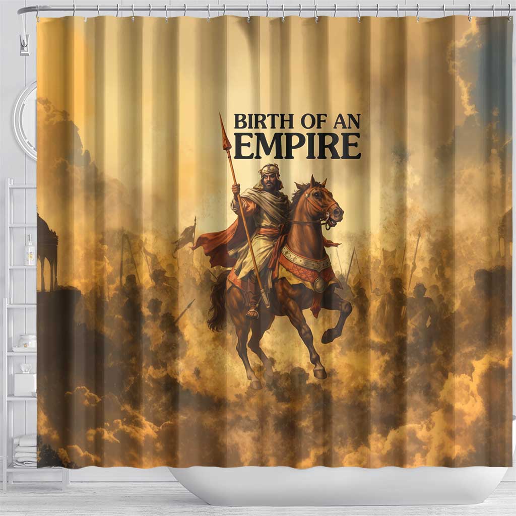 Sundiata Keita Shower Curtain with Kirina 1235 Battle Map, Horseback Warrior and Birth of an Empire Design - African Pride