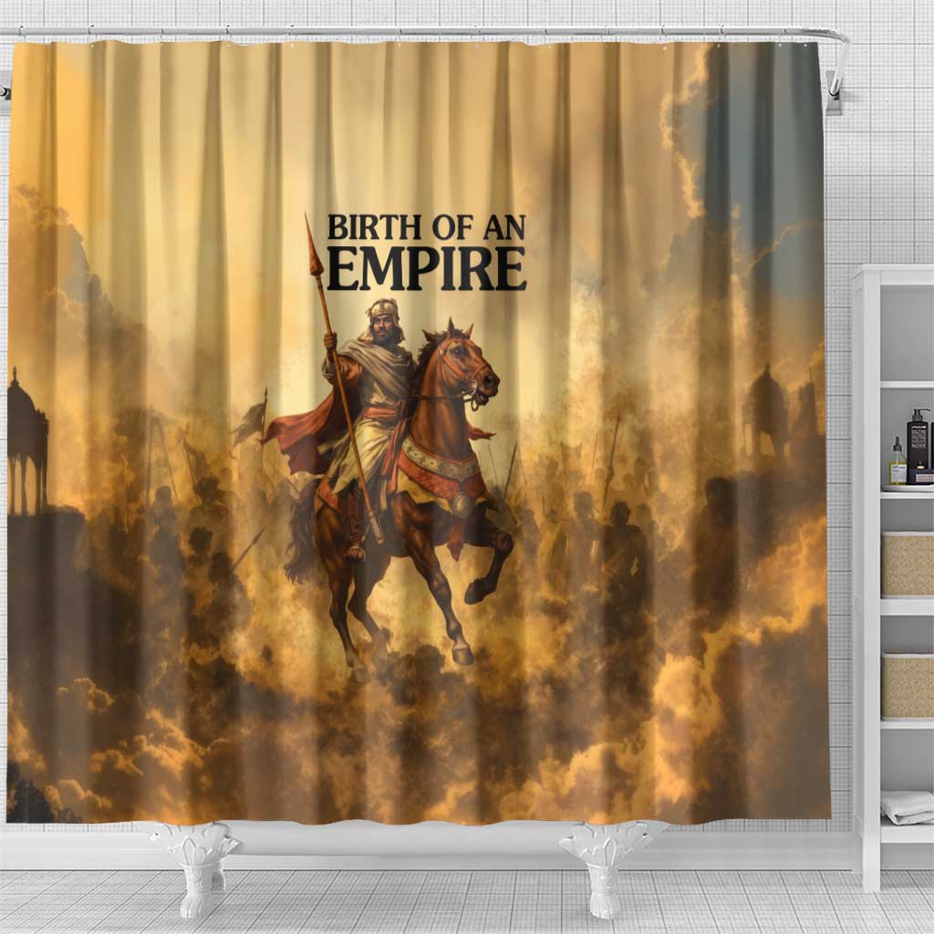 Sundiata Keita Shower Curtain with Kirina 1235 Battle Map, Horseback Warrior and Birth of an Empire Design - African Pride