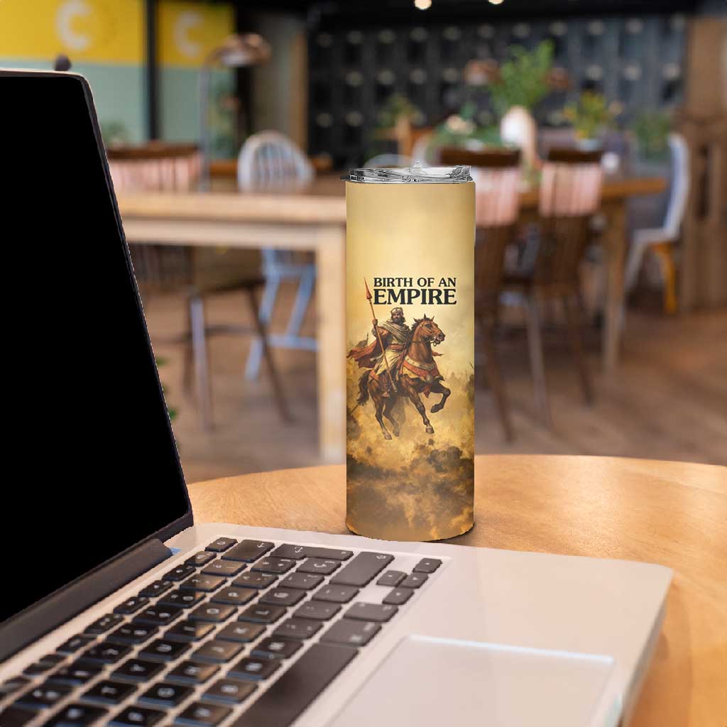 Sundiata Keita Skinny Tumbler with Kirina 1235 Battle Map, Horseback Warrior and Birth of an Empire Design - African Pride