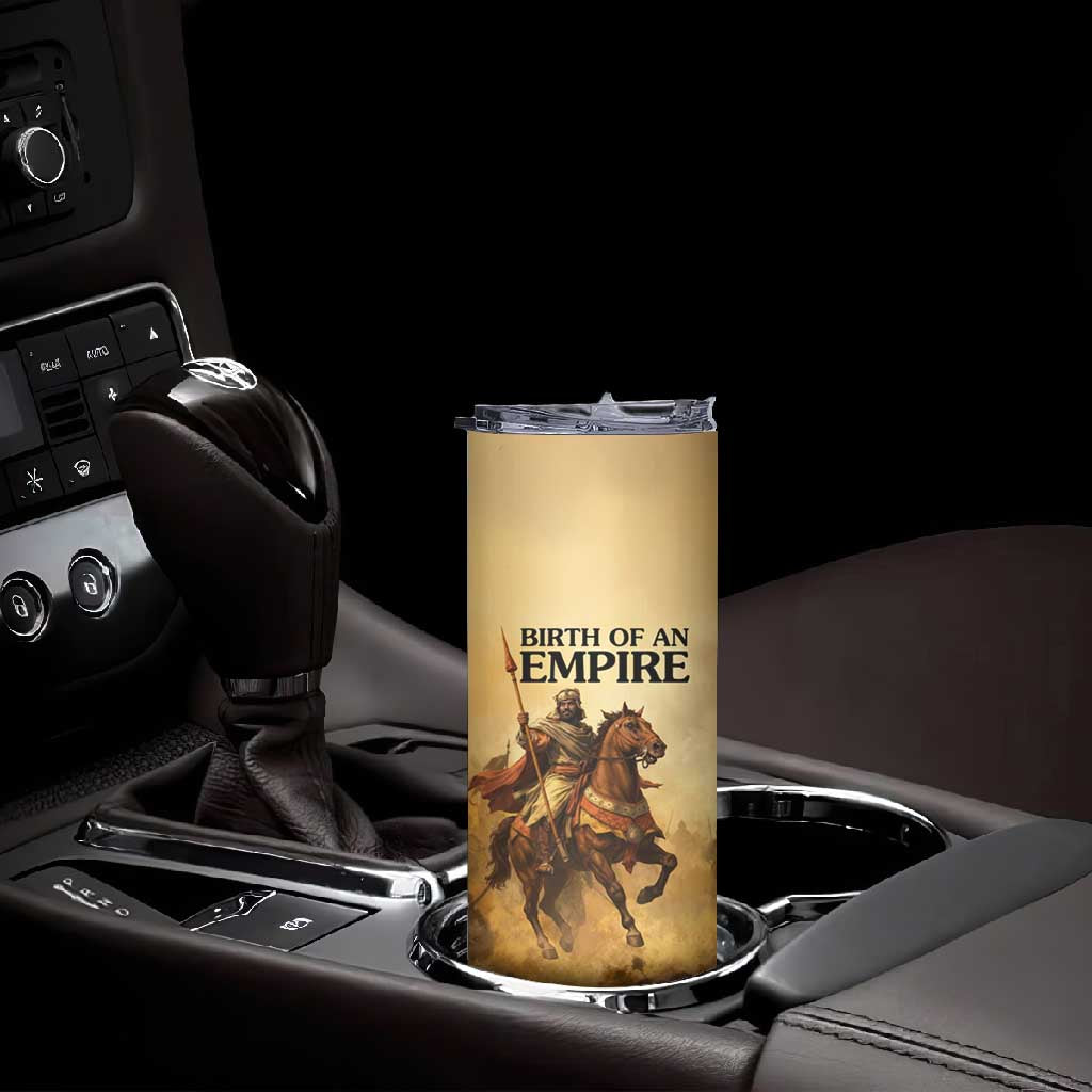 Sundiata Keita Skinny Tumbler with Kirina 1235 Battle Map, Horseback Warrior and Birth of an Empire Design - African Pride