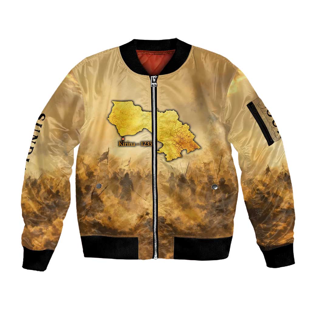 Sundiata Keita Sleeve Zip Bomber Jacket with Kirina 1235 Battle Map, Horseback Warrior and Birth of an Empire Design - African Pride