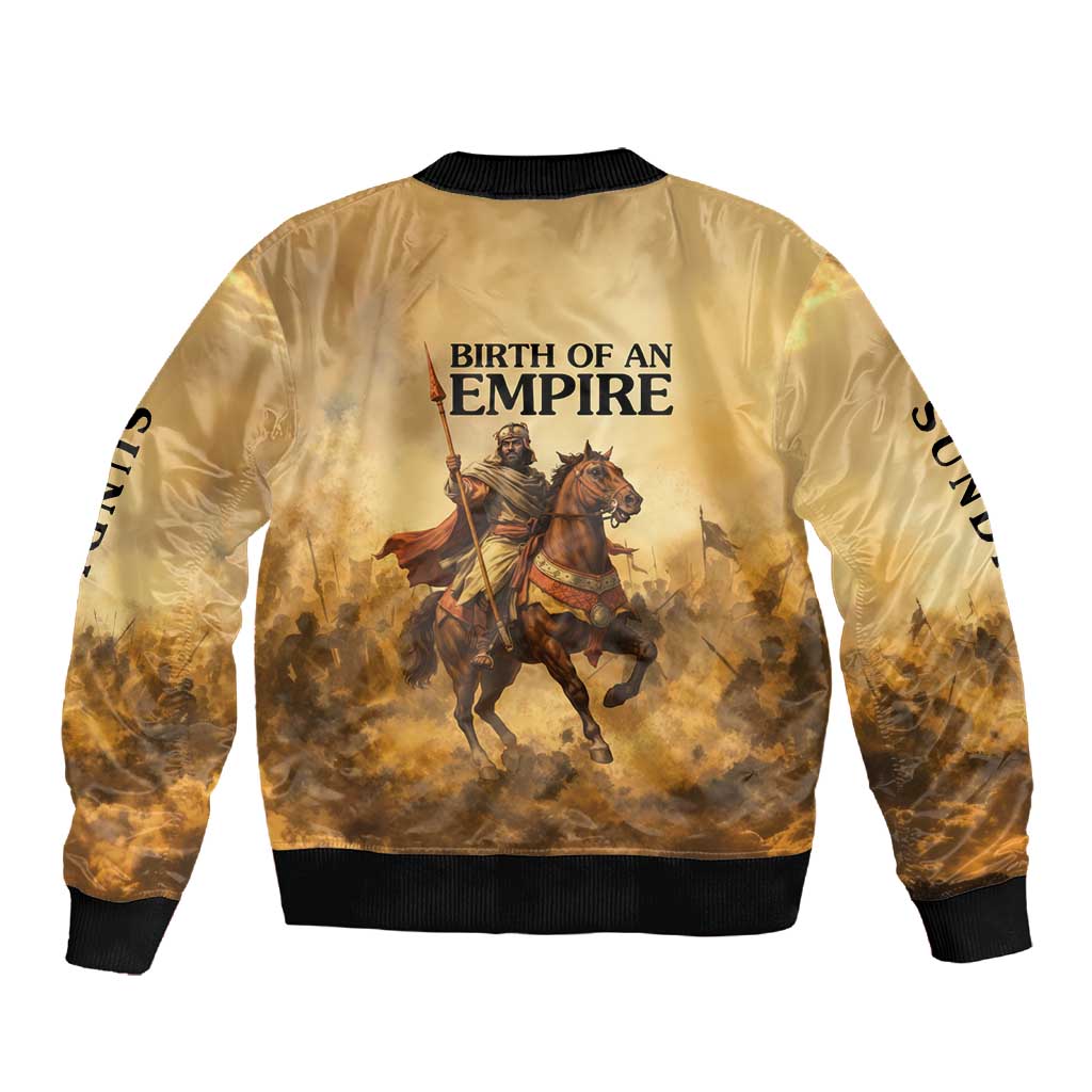 Sundiata Keita Sleeve Zip Bomber Jacket with Kirina 1235 Battle Map, Horseback Warrior and Birth of an Empire Design - African Pride