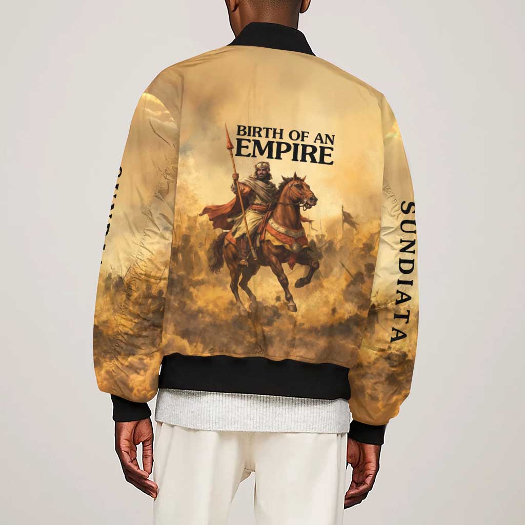 Sundiata Keita Sleeve Zip Bomber Jacket with Kirina 1235 Battle Map, Horseback Warrior and Birth of an Empire Design - African Pride