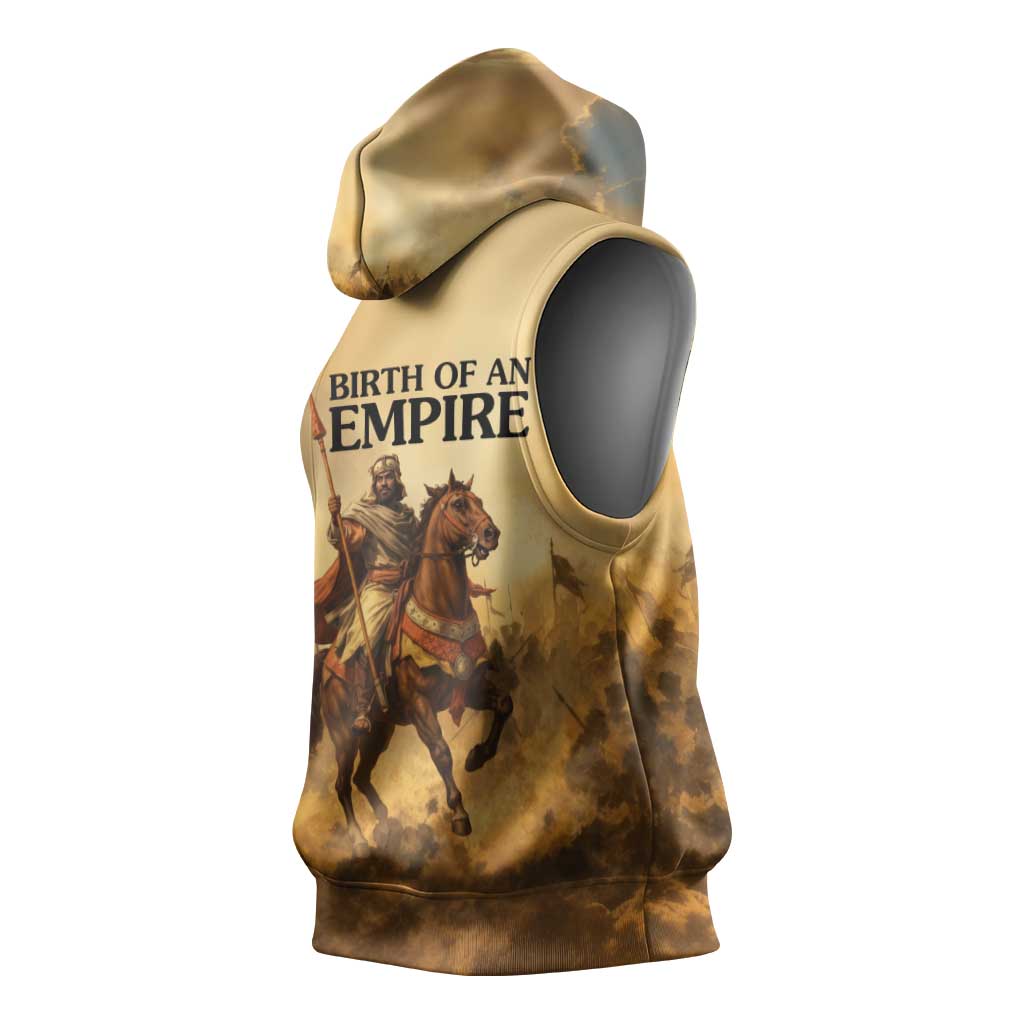 Sundiata Keita Sleeveless Hoodie with Kirina 1235 Battle Map, Horseback Warrior and Birth of an Empire Design - African Pride