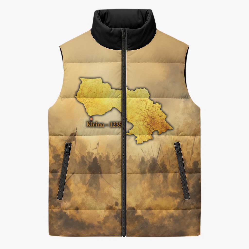 Sundiata Keita Sleeveless Puffer Jacket with Kirina 1235 Battle Map, Horseback Warrior and Birth of an Empire Design - African Pride