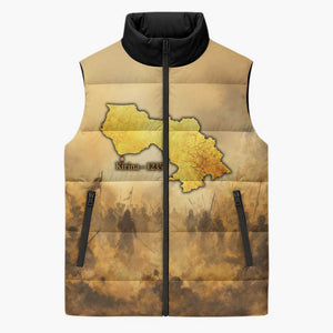 Sundiata Keita Sleeveless Puffer Jacket with Kirina 1235 Battle Map, Horseback Warrior and Birth of an Empire Design - African Pride