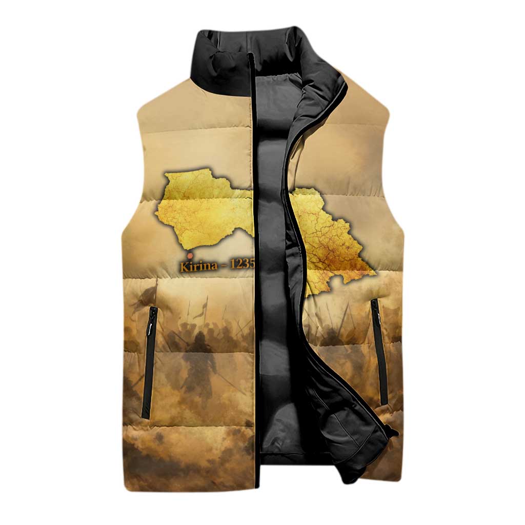 Sundiata Keita Sleeveless Puffer Jacket with Kirina 1235 Battle Map, Horseback Warrior and Birth of an Empire Design - African Pride