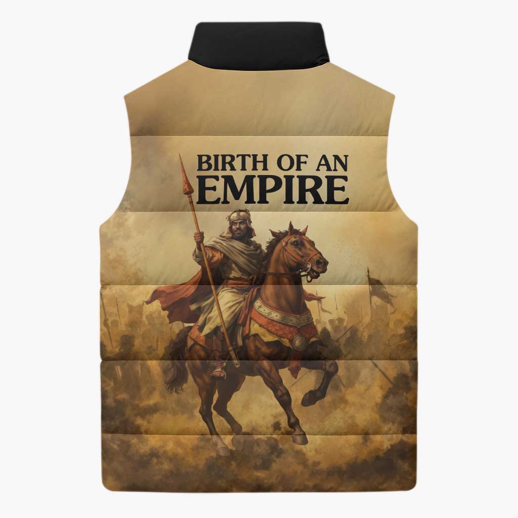 Sundiata Keita Sleeveless Puffer Jacket with Kirina 1235 Battle Map, Horseback Warrior and Birth of an Empire Design - African Pride