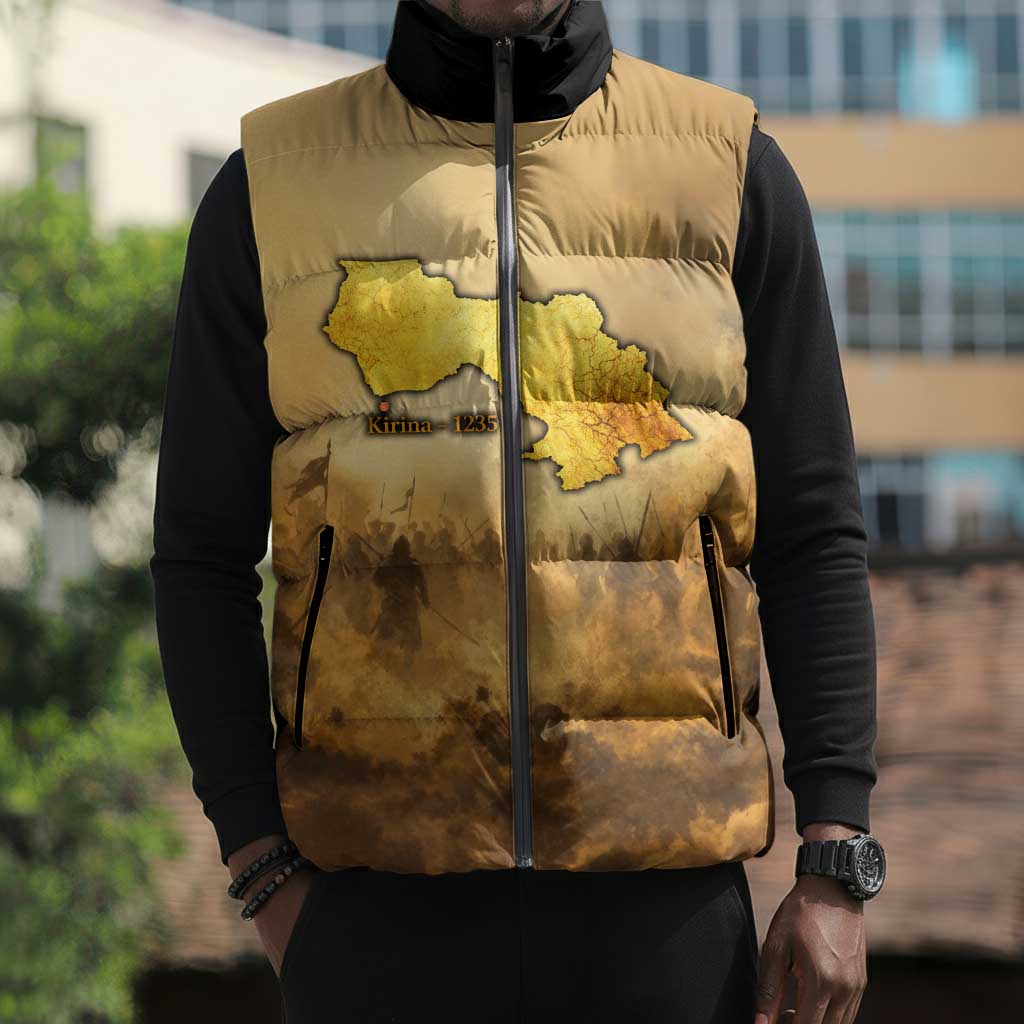 Sundiata Keita Sleeveless Puffer Jacket with Kirina 1235 Battle Map, Horseback Warrior and Birth of an Empire Design - African Pride