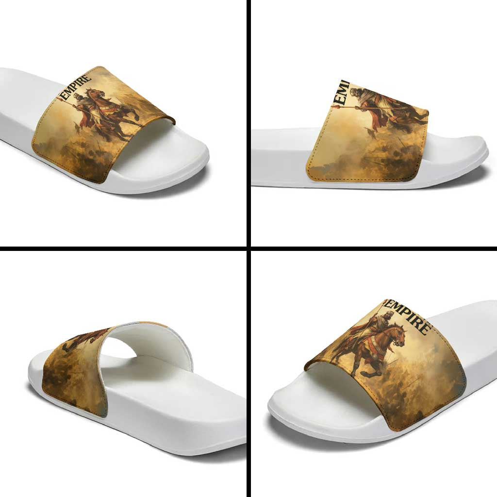 Sundiata Keita Slide Sandals with Kirina 1235 Battle Map, Horseback Warrior and Birth of an Empire Design - African Pride