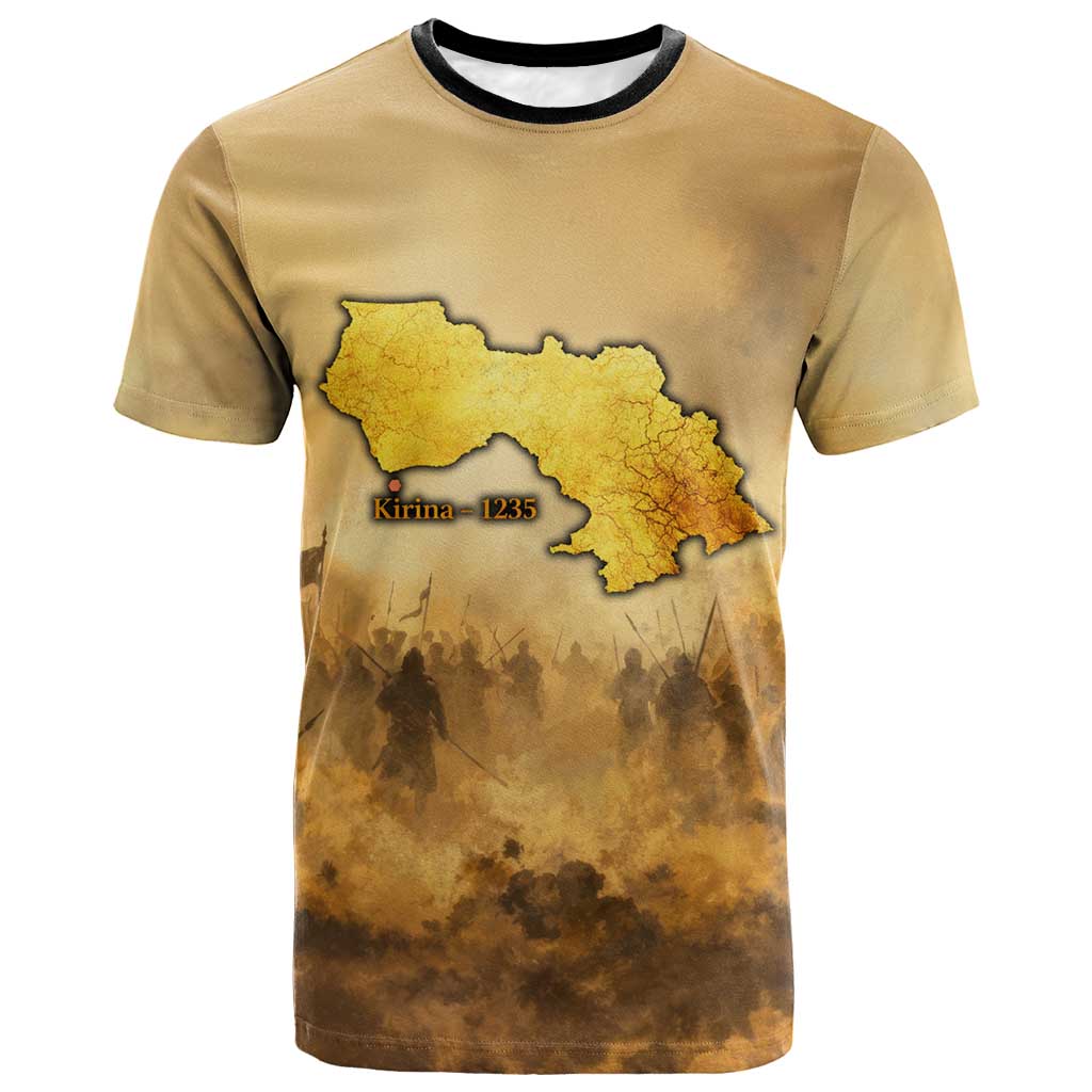 Sundiata Keita T shirt with Kirina 1235 Battle Map, Horseback Warrior and Birth of an Empire Design - African Pride