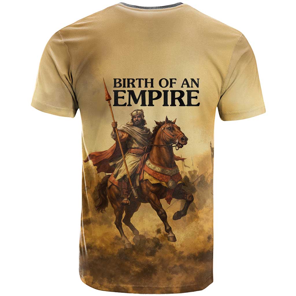 Sundiata Keita T shirt with Kirina 1235 Battle Map, Horseback Warrior and Birth of an Empire Design - African Pride