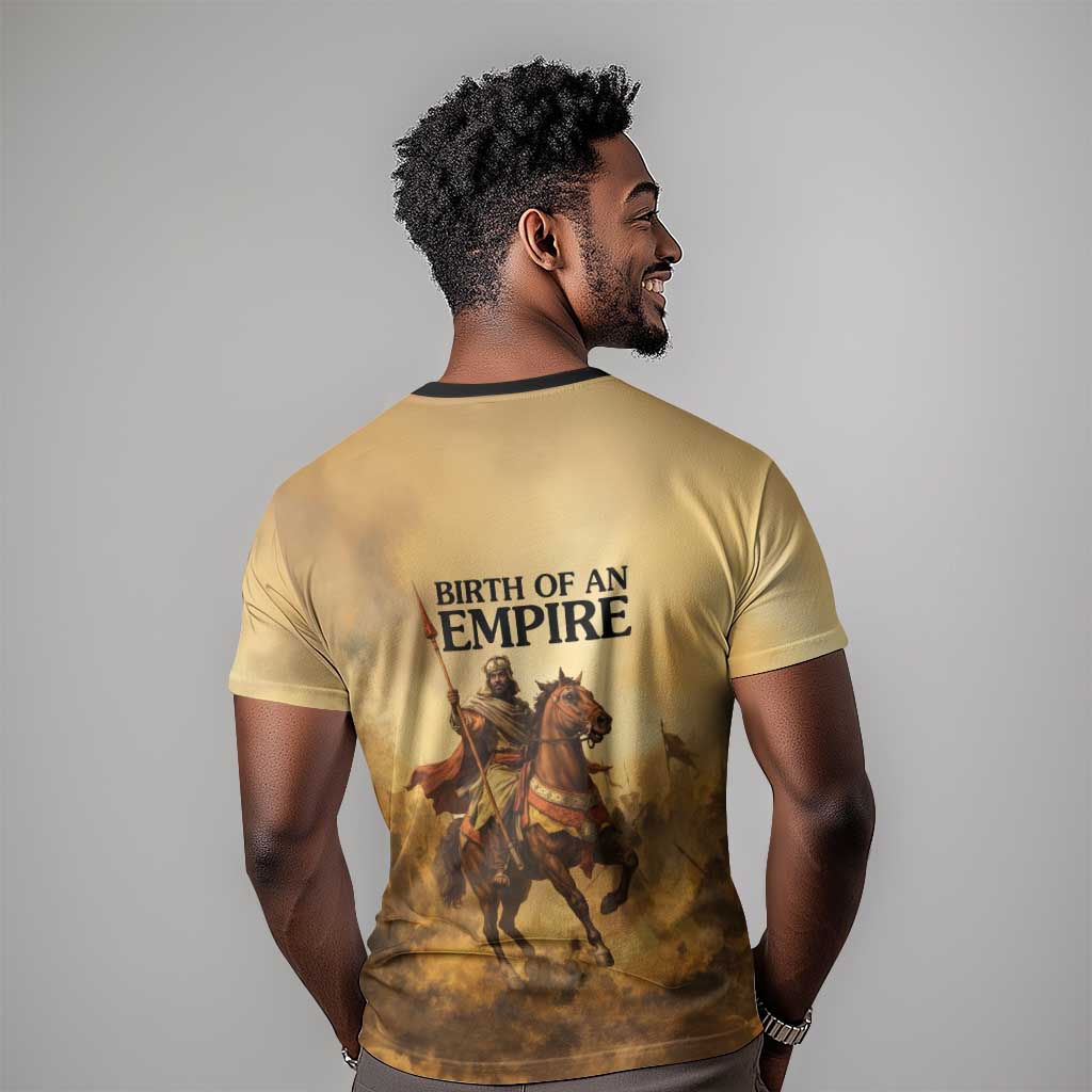 Sundiata Keita T shirt with Kirina 1235 Battle Map, Horseback Warrior and Birth of an Empire Design - African Pride