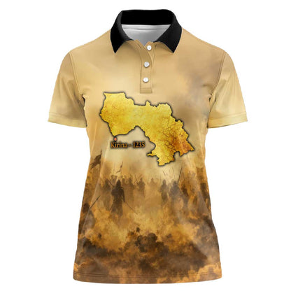 Sundiata Keita Women Polo Shirt with Kirina 1235 Battle Map, Horseback Warrior and Birth of an Empire Design - African Pride