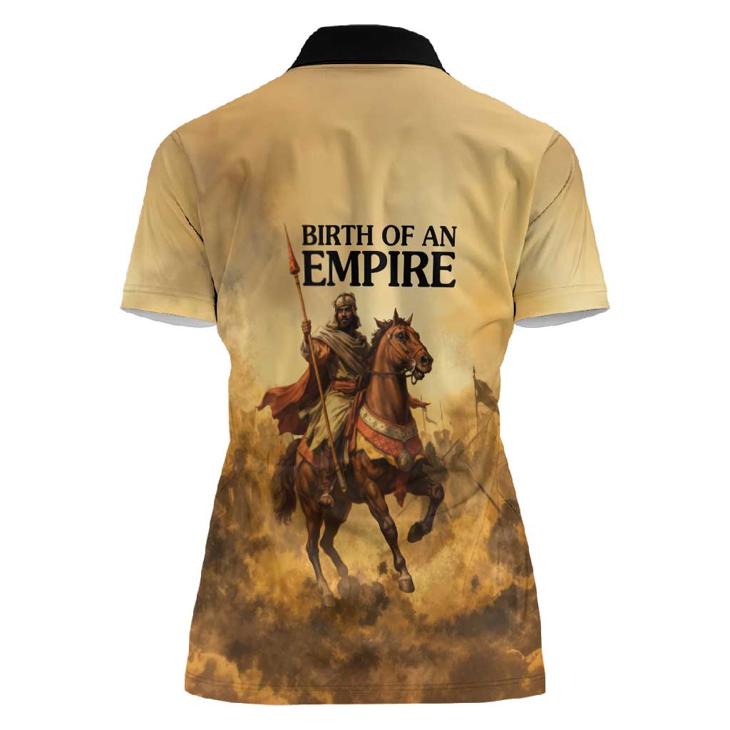 Sundiata Keita Women Polo Shirt with Kirina 1235 Battle Map, Horseback Warrior and Birth of an Empire Design - African Pride