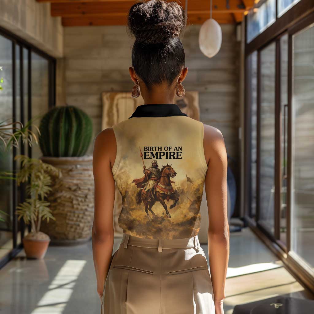 Sundiata Keita Women Sleeveless Polo Shirt with Kirina 1235 Battle Map, Horseback Warrior and Birth of an Empire Design - African Pride