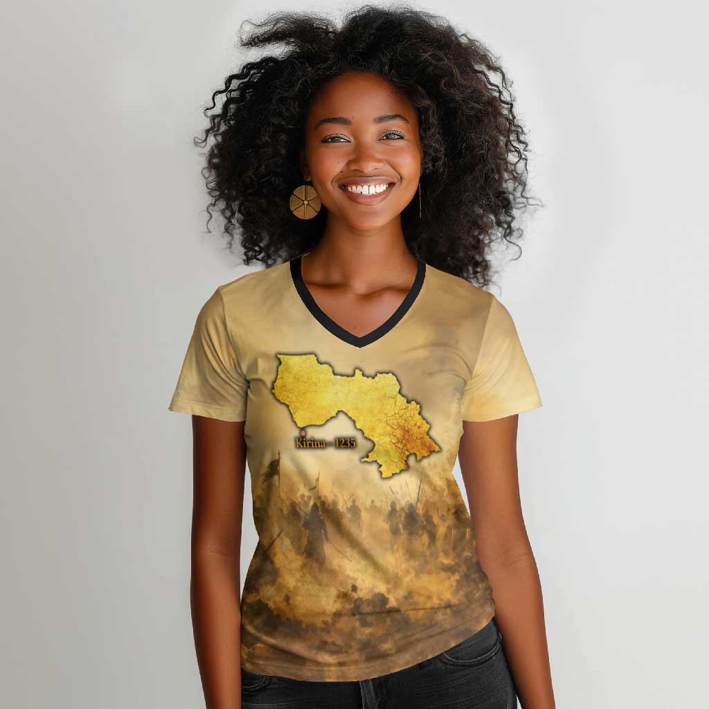 Sundiata Keita Women V-Neck T-Shirt with Kirina 1235 Battle Map, Horseback Warrior and Birth of an Empire Design - African Pride