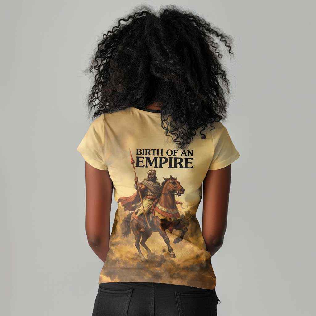 Sundiata Keita Women V-Neck T-Shirt with Kirina 1235 Battle Map, Horseback Warrior and Birth of an Empire Design - African Pride
