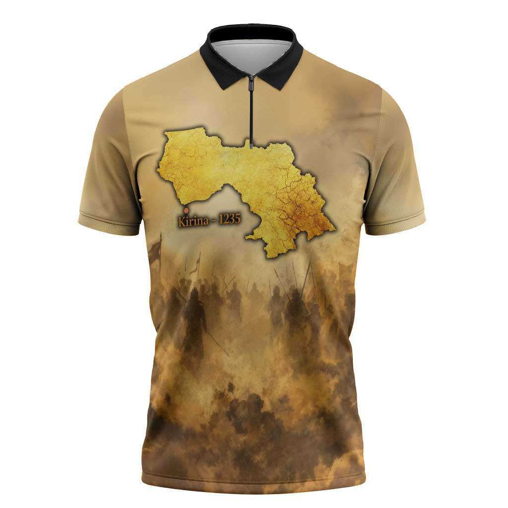 Sundiata Keita Zipper Polo Shirt with Kirina 1235 Battle Map, Horseback Warrior and Birth of an Empire Design - African Pride