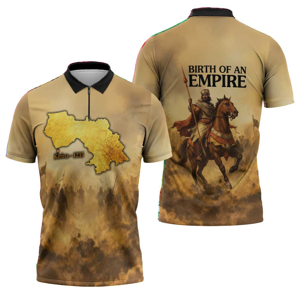 Sundiata Keita Zipper Polo Shirt with Kirina 1235 Battle Map, Horseback Warrior and Birth of an Empire Design - African Pride
