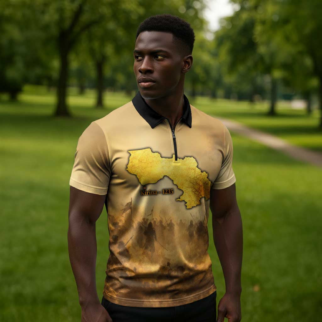 Sundiata Keita Zipper Polo Shirt with Kirina 1235 Battle Map, Horseback Warrior and Birth of an Empire Design - African Pride