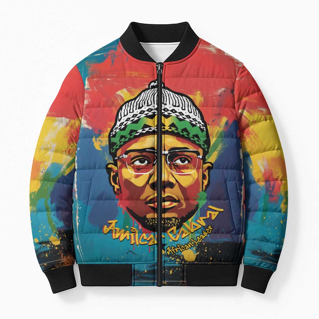 Amilcar Cabral Bomber Puffer Jacket Armed Activist Quote Raised Fist African Liberation Tribute - Colorful Paint Stroke - African Pride