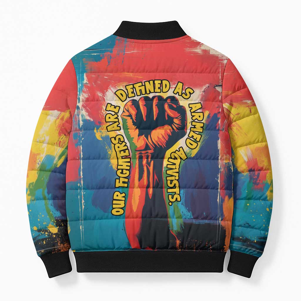 Amilcar Cabral Bomber Puffer Jacket Armed Activist Quote Raised Fist African Liberation Tribute - Colorful Paint Stroke - African Pride
